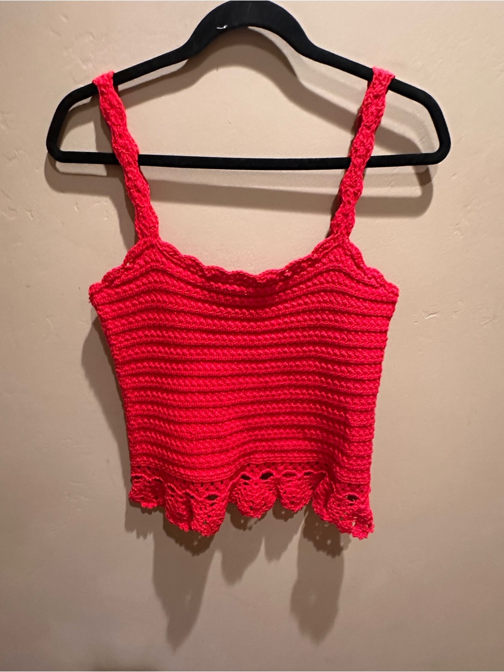 Red Crochet Knit Crop Tank Top Camisole Scalloped Peplum Hem Medium M